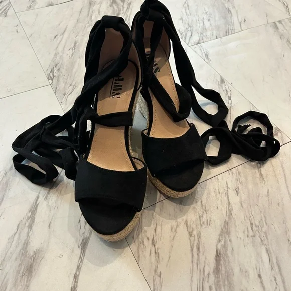 Black Espadrille Wedge Sandals - Picture 1 of 4